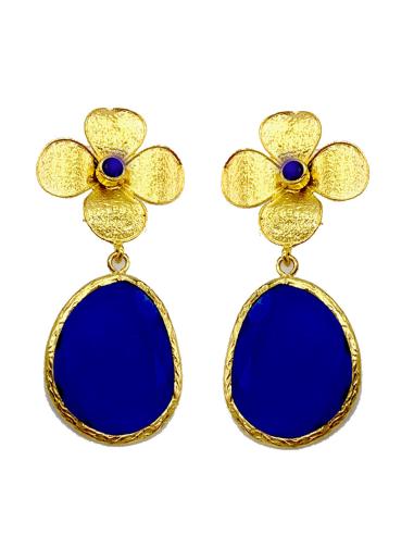 PENDIENTES BISUTERÍA FINA CON  DISEÑO DE FLOR Y PIEDRA NATURAL COLOR AZULÓN
