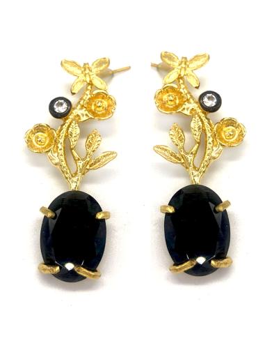 PENDIENTES LARGOS NEGROS DE ALTA BISUTERÍA CON FLORES Y MARIPOSAS BAÑADAS EN ORO