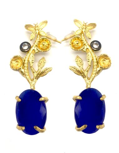 PENDIENTES AZULONES LARGOS BAÑADOS EN ORO CON FLORES Y MARIPOSAS PARA EVENTOS