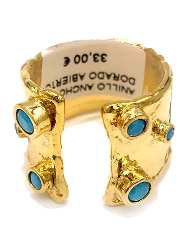 ANILLO ANCHO DORADO ABIERTO CON PEQUEÑAS PIEDRAS TURQUESA