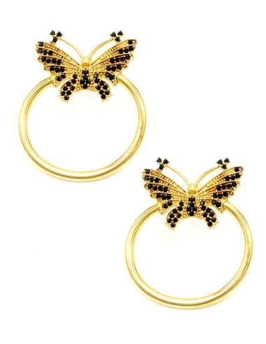 PENDIENTES DE ARO DORADOS BAÑADOS EN ORO CON MARIPOSA NEGRA  DE ALTA BISUTERÍA