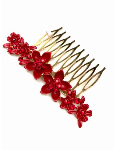 PEINETAS DE FIESTA ROJAS CON FLORES PARA SU PEINADO