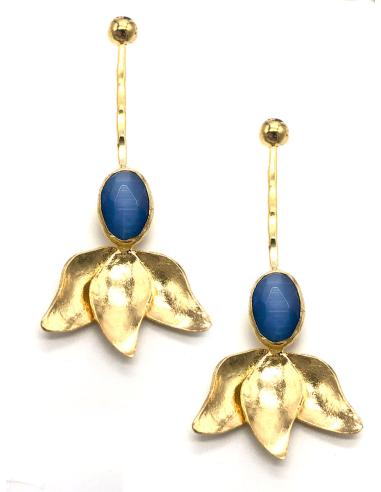 PENDIENTES DORADOS LARGOS FLOR DE OJO DE GATO AZUL PARA LOOKS DE FIESTA
