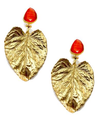 PENDIENTES LARGOS DE FIESTA CON GRAN HOJA Y CORAL