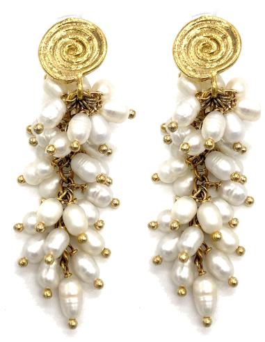 PENDIENTES LARGOS DE FIESTA CON CASCADA DE PERLAS  Y DETALLES EN ORO
