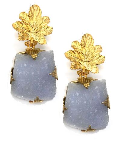 PENDIENTES PIEDRA DRUSA AZUL AGUAMARINA CON HOJA DORADA