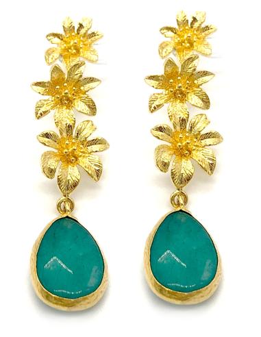 PENDIENTES LARGOS DE TRES FLORES Y UNA PIEDRA NATURAL VERDE AZULADO