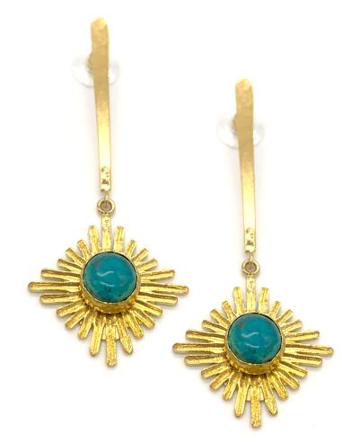 PENDIENTES LARGOS MUJER BAÑADOS EN ORO GEOMETRÍAS CON PIEDRA TURQUESA