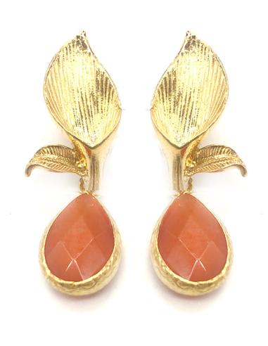 PENDIENTES CHAPADOS EN ORO LARGOS LÁGRIMA DE OJO DE GATO NARANJA