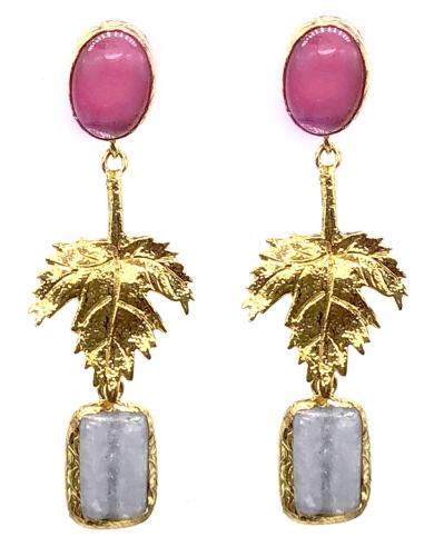 PENDIENTES MUJER LARGOS CON HOJA BAÑADA EN ORO Y PIEDRAS NATURALES EN COLOR ROSA Y GRIS