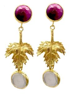 PENDIENTES MUJER DORADOS LARGOS LÁGRIMA DE HOJA CON PIEDRAS NATURALES