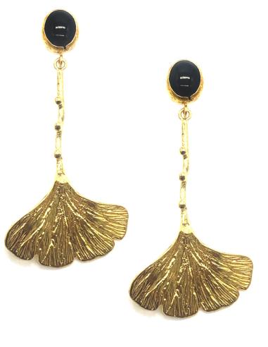 PENDIENTES MUJER LARGOS ELEGANTES DORADOS CON PÉTALO Y PIEDRA ONIX