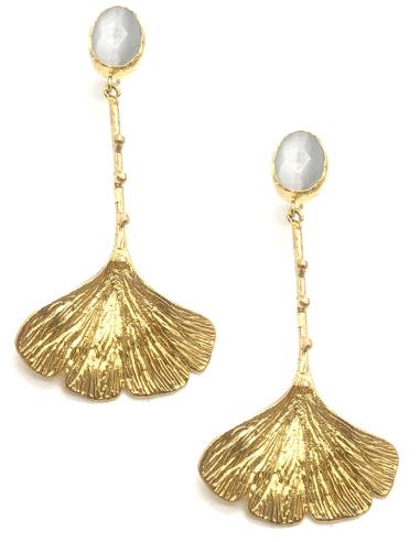PENDIENTES LARGOS MUJER CHAPADOS EN ORO CON PÉTALO Y PIEDRA NATURAL