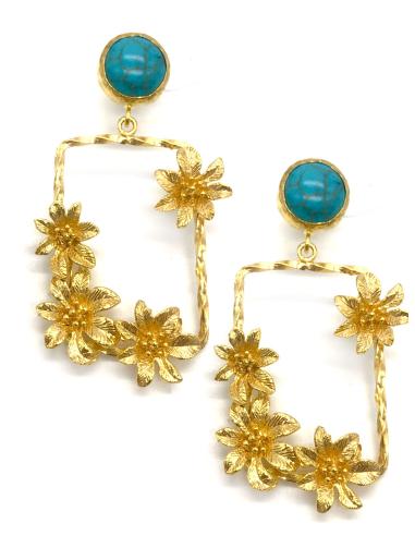 PENDIENTES LARGOS DE PIEDRA TURQUESA CON CUADRO DE FLORES COLGANTE
