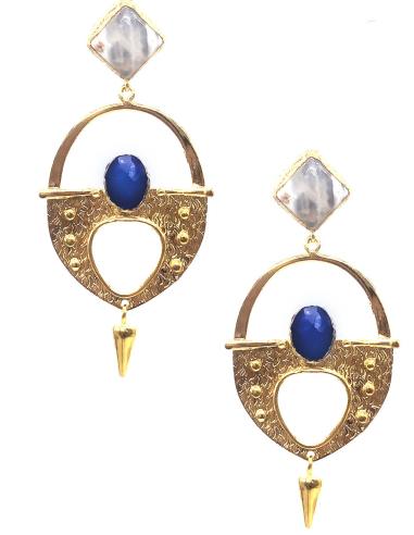 PENDIENTES LARGOS MUJER ORIGINAL DISEÑO OVALADO CON PIEDRA SEMIPRECIOSA Y OJO DE GATO AZULÓN