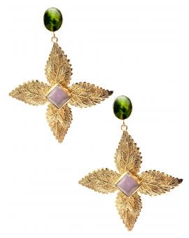 PENDIENTES DORADOS CON VISTOSA FLOR COLGANTE Y PIEDRA NATURAL VERDE Y ROSA