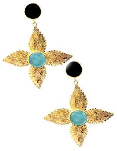 PENDIENTES DORADOS CON VISTOSA FLOR COLGANTE Y PIEDRA NATURAL NEGRA Y CIAN