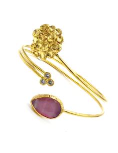 BRAZALETE FINO DORADO CON PIEDRA NATURAL ROSA Y CIRCONITAS