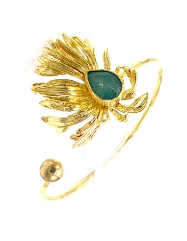 BRAZALETE FINO DORADO PARA FIESTAS CON FLOR Y PIEDRA NATURAL AZUL GRISÁCEO