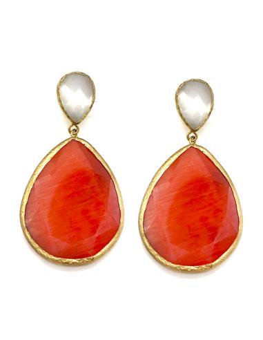 PENDIENTES LARGOS OVAL PIEDRA NATURAL BICOLOR CORAL Y BLANCO
