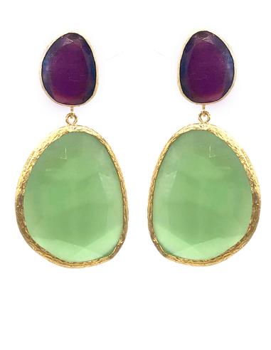 PENDIENTES LARGOS OVAL PIEDRA NATURAL BICOLOR VERDE AGUAMARINA Y AMATISTA
