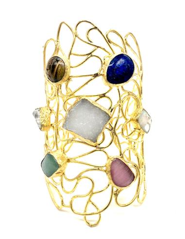 BRAZALETE BAÑADO EN ORO ANCHO CON SURTIDO DE PIEDRAS NATURALES