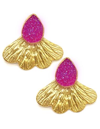 PENDIENTES PIEDRA DRUSA ROSA FUCSIA BAÑADOS EN ORO