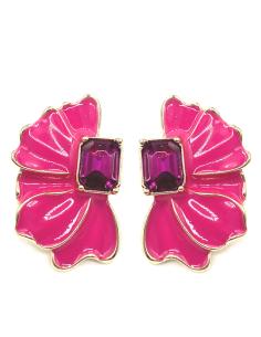 PENDIENTES PEQUEÑOS FUCSIAS DISEÑO DE MEDIA FLOR Y CRISTAL