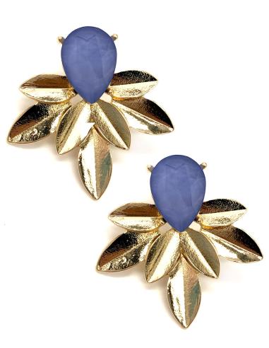 PENDIENTES AZULES CN LAGRIMA DE CRISTAL CON HOJITAS DORADAS
