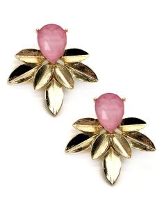 PENDIENTES ROSAS CN LAGRIMA DE CRISTAL CON HOJITAS DORADAS
