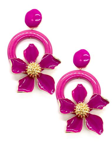 PENDIENTES LARGOS FUCSIAS CON PRECIOSO DISEÑO DE ARO Y FLOR