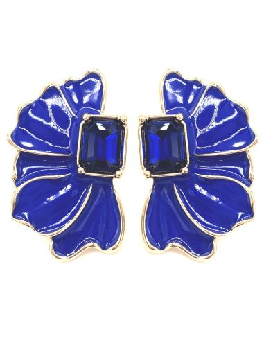 PENDIENTES PEQUEÑOS AZULONES DISEÑO DE MEDIA FLOR Y CRISTAL