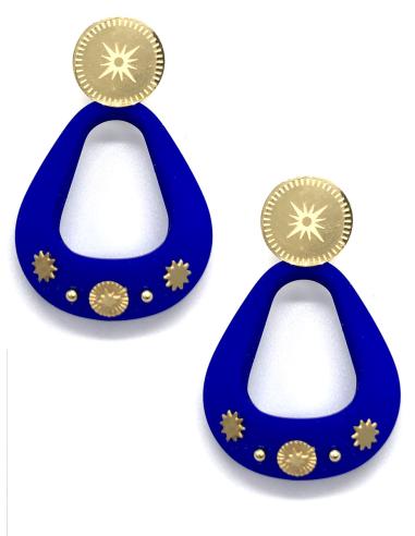 PENDIENTES AZULONES DE ARO IRREGULAR DECORADO EN DORADO