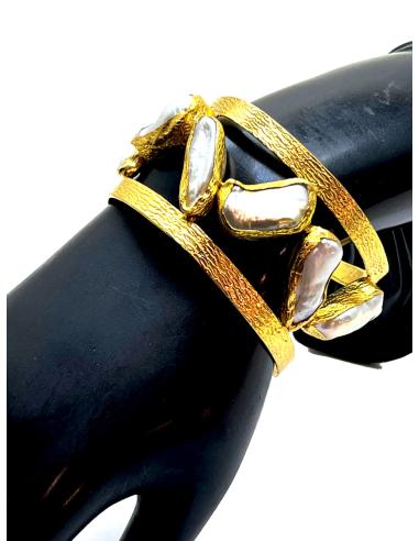 PULSERA BRAZALETE MUJER GRANDE CON PERLAS BARROCAS DISEÑO ZIGZAG