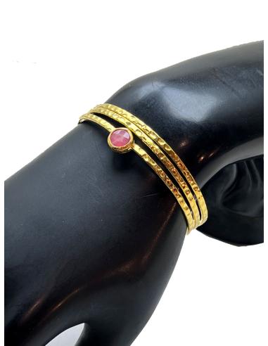 PULSERA BRAZALETE DORADO MUJER CON PEQUEÑA PIEDRA NATURAL ROSA