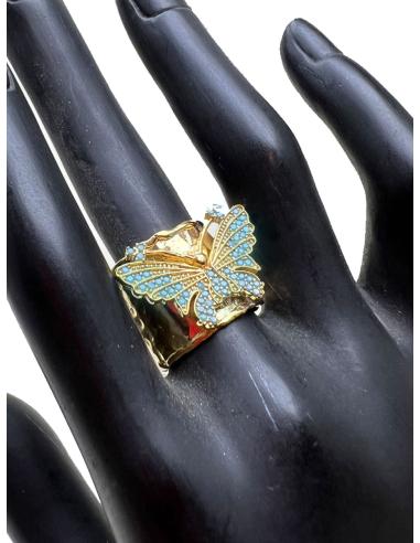 ANILLO MUJER ANCHO BAÑADO EN ORO CON MARIPOSA TURQUESA