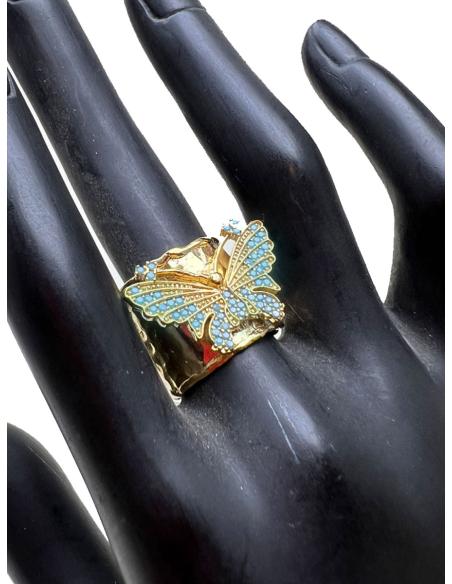 ANILLO MUJER ANCHO BAÑADO EN ORO CON MARIPOSA TURQUESA