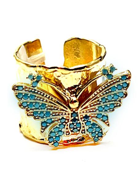 ANILLO MUJER ANCHO BAÑADO EN ORO CON MARIPOSA TURQUESA