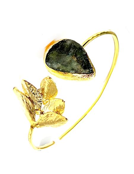 PULSERA BRAZALETE MUJER CON PIEDRA DRUSA VERDE Y HOJA DORADA VENTA ONLINE