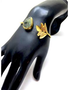 PULSERA BRAZALETE MUJER CON PIEDRA DRUSA VERDE Y HOJA DORADA VENTA ONLINE 2