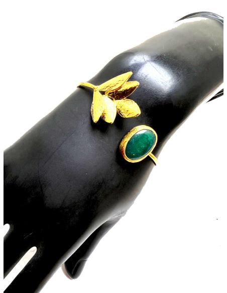 PULSERA BRAZALETE MUJER VERDE BOTELLA ABIERTO CON PIEDRA NATURAL Y HOJA DORADA
