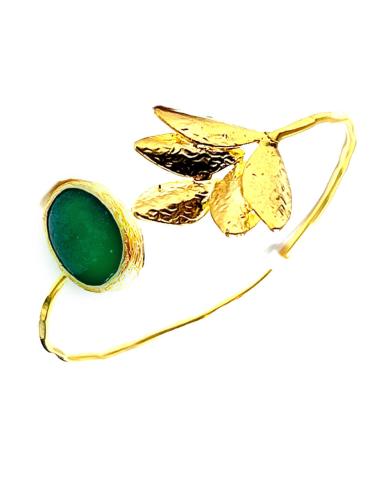 PULSERA BRAZALETE MUJER VERDE BOTELLA ABIERTO CON PIEDRA NATURAL Y HOJA DORADA