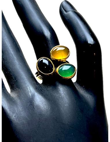 ANILLO MUJER ALTA BISUTERÍA CON PIEDRAS NATURALES TRICOLOR (VERDE, NEGRO Y AMARILLO)
