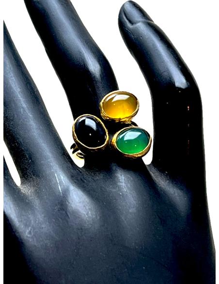 ANILLO MUJER ALTA BISUTERÍA CON PIEDRAS NATURALES TRICOLOR (VERDE, NEGRO Y AMARILLO)