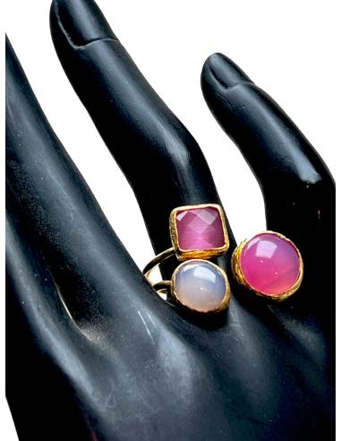 ANILLO MUJER ROSA FUCSIA Y GRIS ALTA BISUTERÍA CON PIEDRAS NATURALES