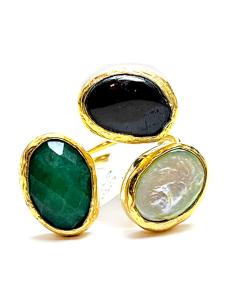 ANILLO MUJER TRICOLOR (VERDE, NEGRO Y BLANCO) POR SUS TRES PIEDRAS NATURALES