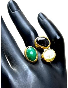 ANILLO MUJER TRICOLOR (VERDE, NEGRO Y BLANCO) POR SUS TRES PIEDRAS NATURALES 2