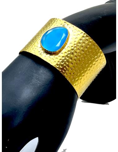 PULSERA BRAZALETE GRANDE DORADO CON PIEDRA NATURAL COLOR AZUL TURQUESA DE ALTA BISUTERÍA