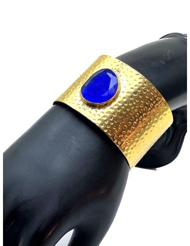 PULSERA BRAZALETE GRANDE BAÑADO EN ORO CON PIEDRA NATURAL COLOR AZULÓN