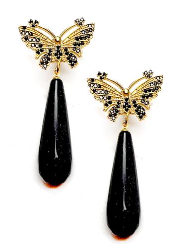 PENDIENTES NEGROS BRILLANTES LARGOS CON MARIPOSA BAÑADA EN ORO